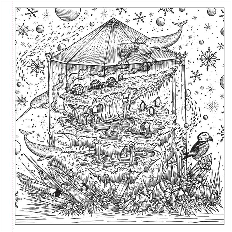 Black and white illustration of a detailed scene with a tent, water, and animals on a decorative background.