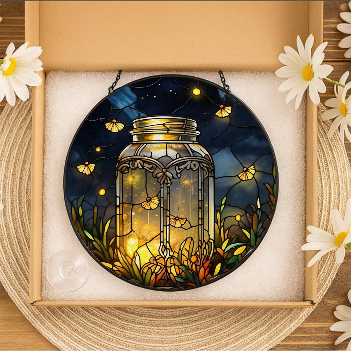 A circular stained-glass style wall hanging or decorative panel featuring a glowing mason jar with fireflies and warm lights, displayed inside a cardboard gift box with white foam and daisy flowers around it.