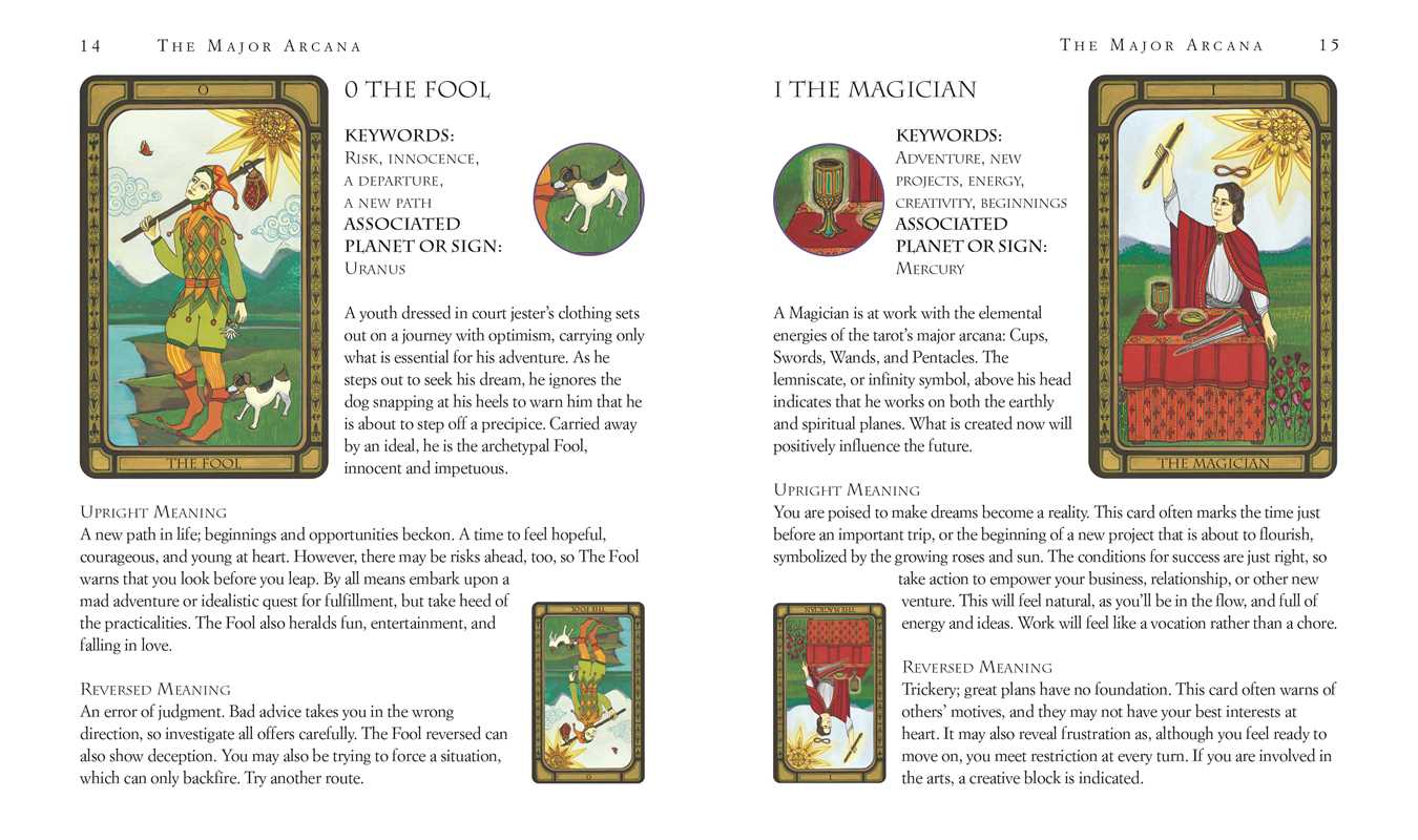 Two tarot cards from 'The Major Arcana' section of a tarot book, with text and symbols.