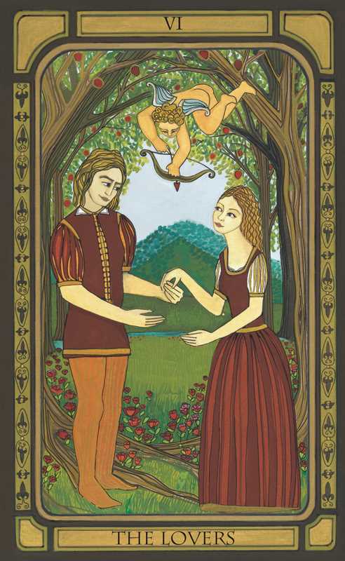 Tarot card titled 'The Lovers' with two people shaking hands under a tree.