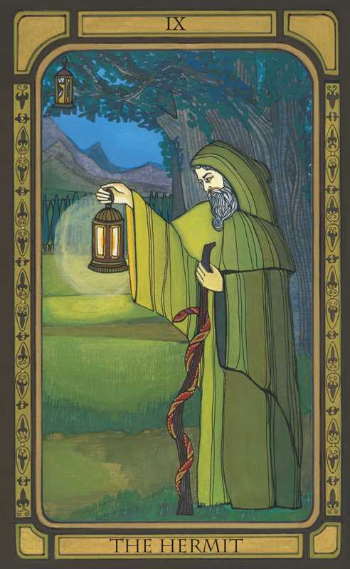 Tarot card featuring 'The Hermit' with a figure in green robes holding a lantern in a forest setting.