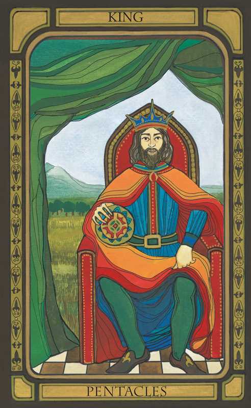 Card featuring a king holding a pentacle symbol, with decorative borders and text.