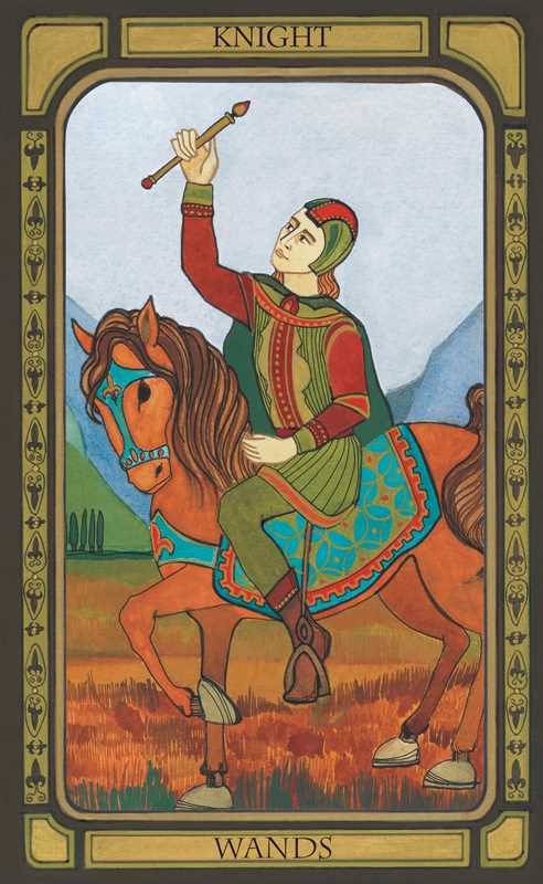 Tarot card featuring a knight on horseback with wands, set against a scenic background.