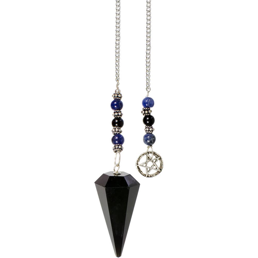 Pendulum with black pendant and beaded chain on a white background