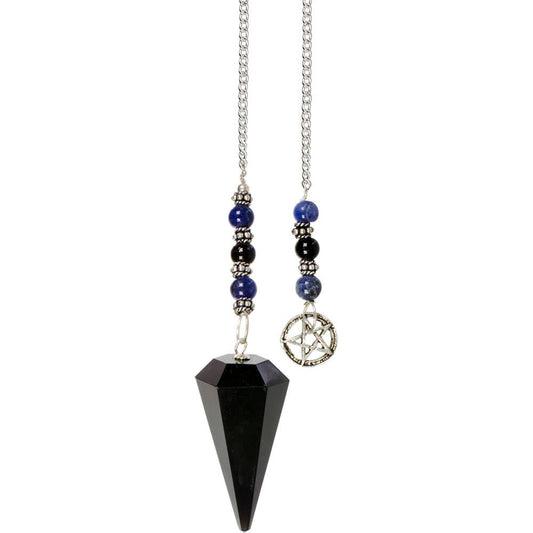 Pendulum with black pendant and beaded chain on a white background