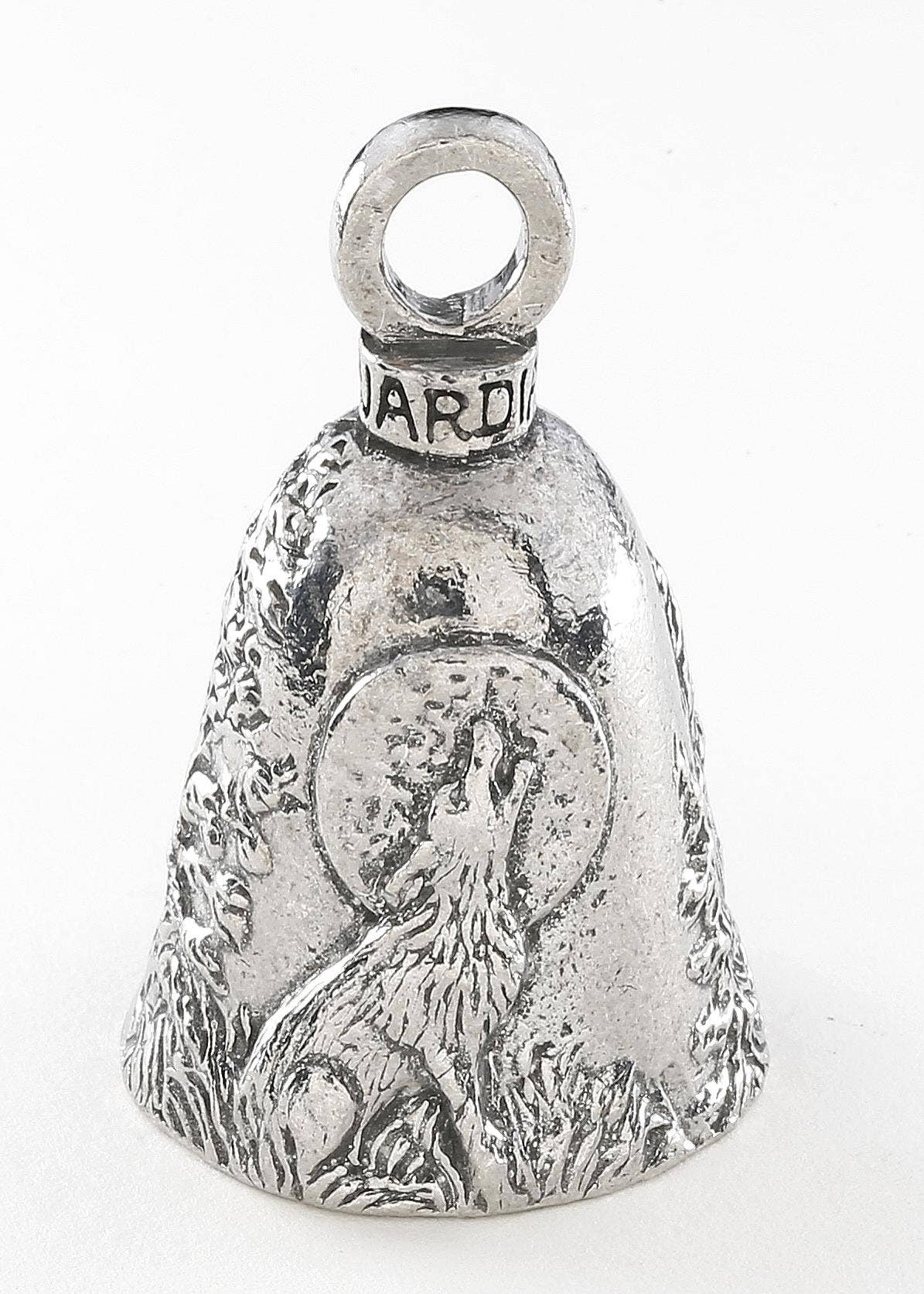 A silver pewter bell with a howling wolf design, featuring a loop on top for hanging.