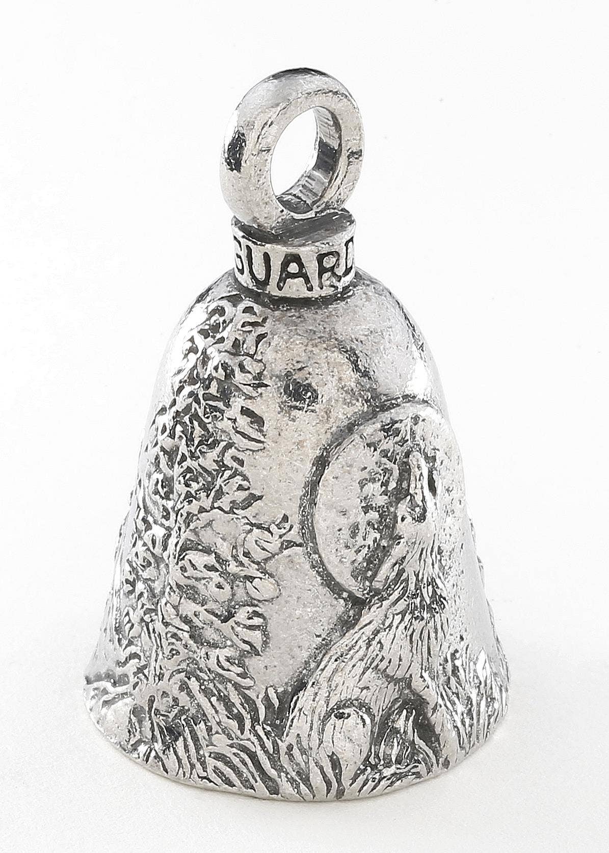 Silver bell charm with engraved design and 'GUARDIAN' inscription on a white background