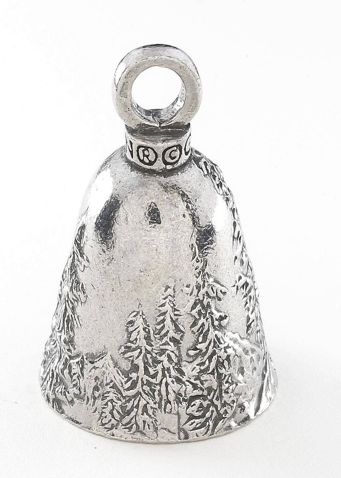 Silver bell with textured design on a white background
