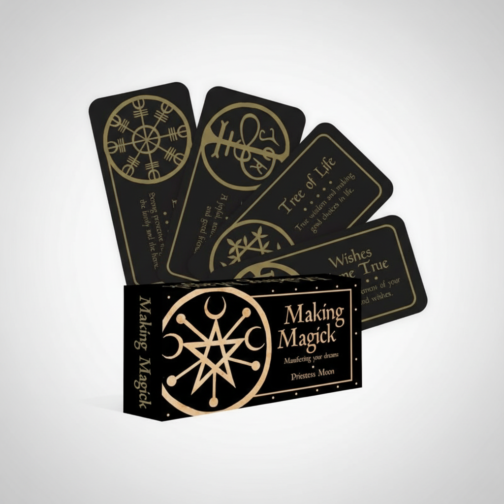 Black cards with gold symbols and 'Making Magick' packaging on a white background
