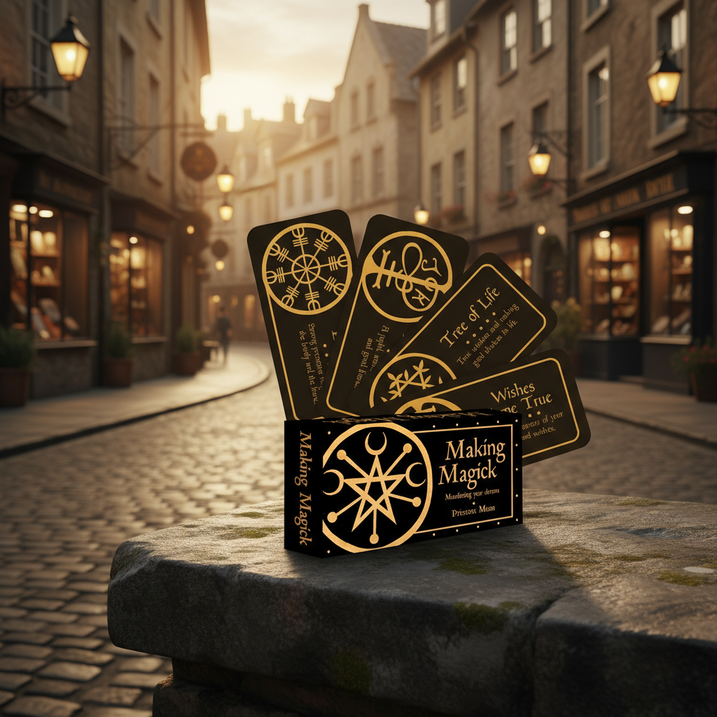 Set of black and gold cards on a stone ledge with a street scene in the background