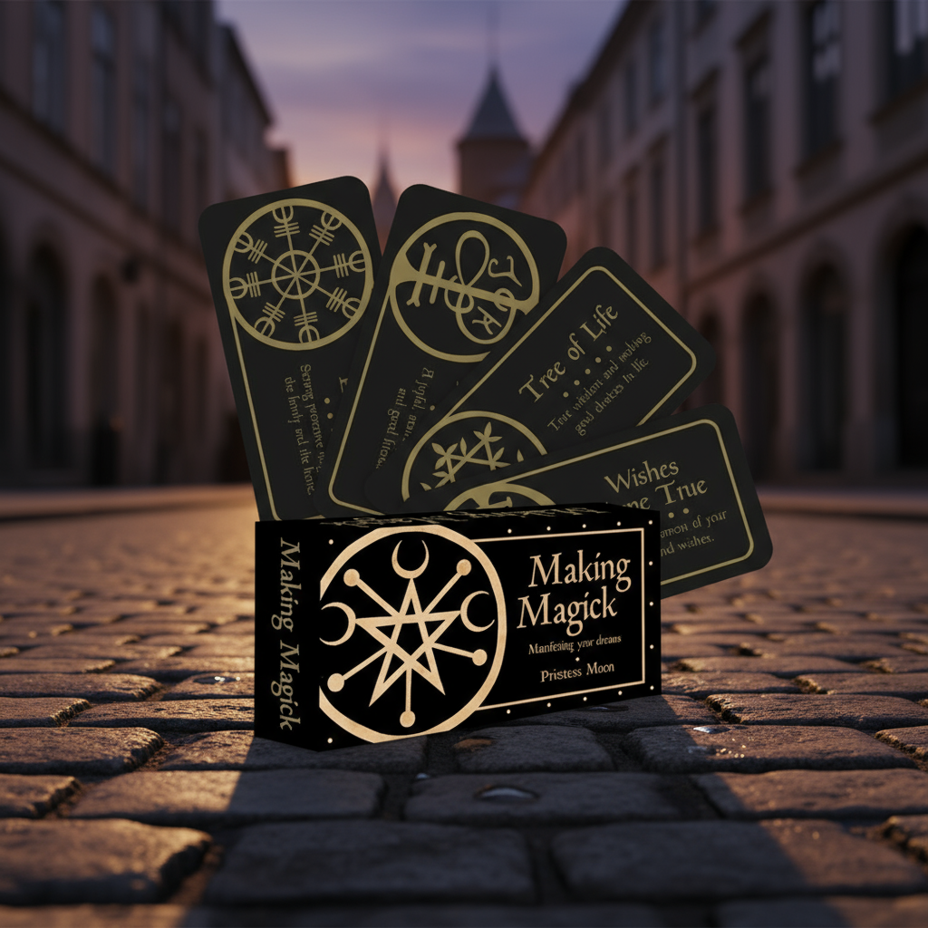 Set of tarot cards with symbols on a brick street at dusk