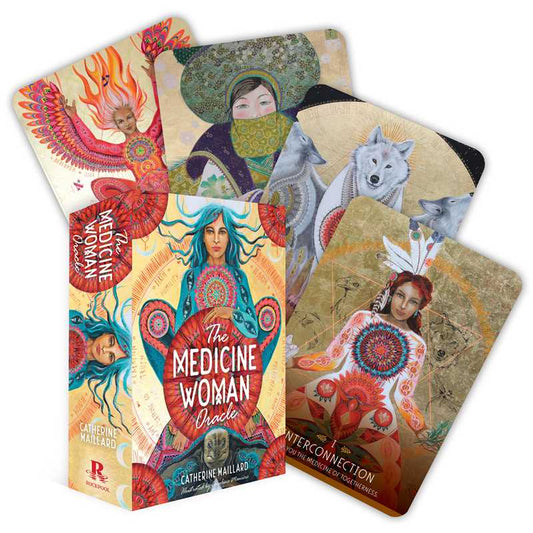 Set of 'The Medicine Woman' oracle cards with colorful illustrations on a white background