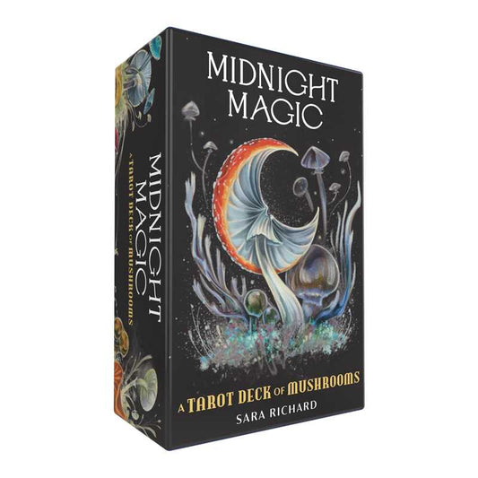 A boxed Midnight Magic Tarot Deck by Sara Richard, featuring illustrations of mushrooms on the packaging.