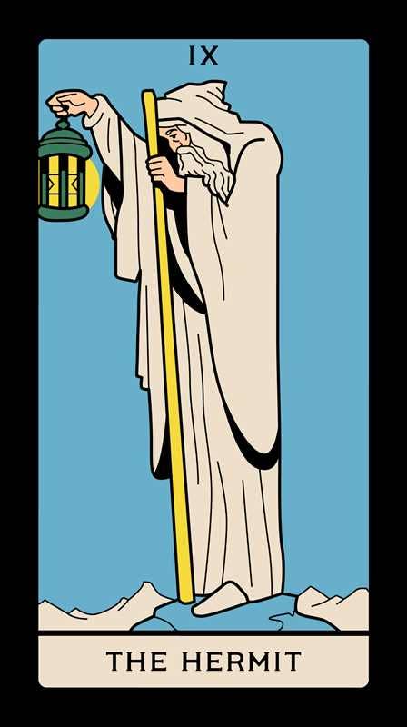 Tarot card featuring 'The Hermit' with a figure holding a lantern against a blue background.