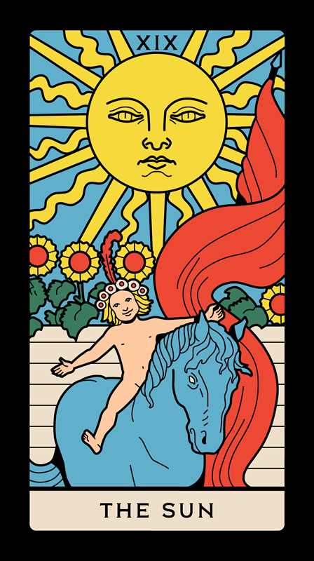 Tarot card featuring a sun with a face, a horse, and a person with wings, labeled 'The Sun'.