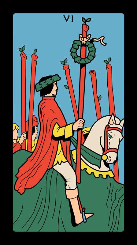 Tarot card with a person in red robes holding candles and a horse, on a blue background