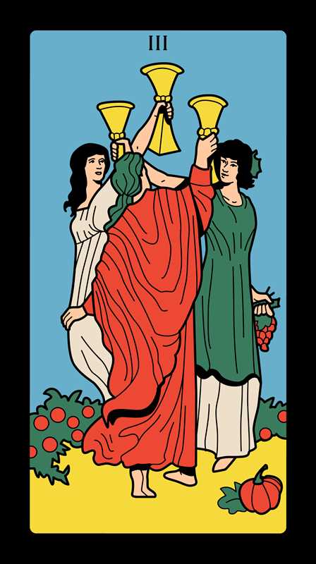 Tarot card with three figures holding cups against a blue background