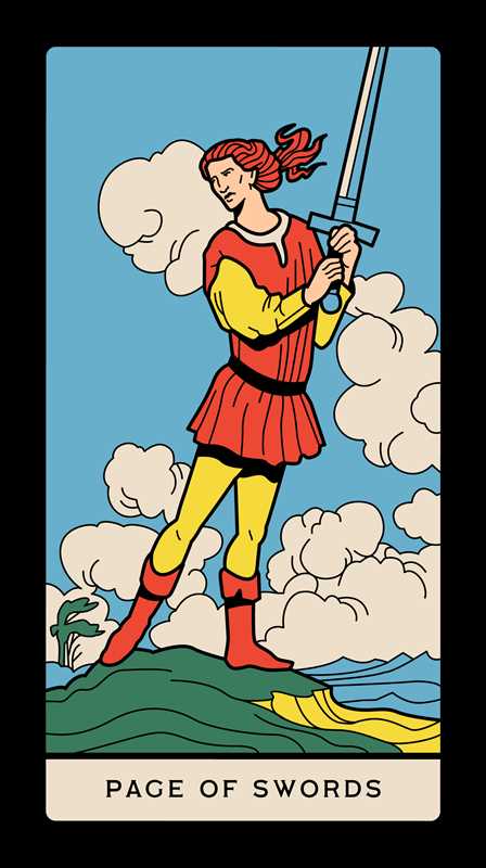 Tarot card titled 'Page of Swords' with a person holding a sword against a blue sky with clouds.