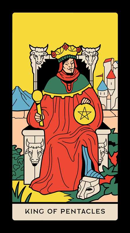 King of Pentacles tarot card with a person in red robes holding a pentacle symbol, surrounded by classical architecture and nature elements.