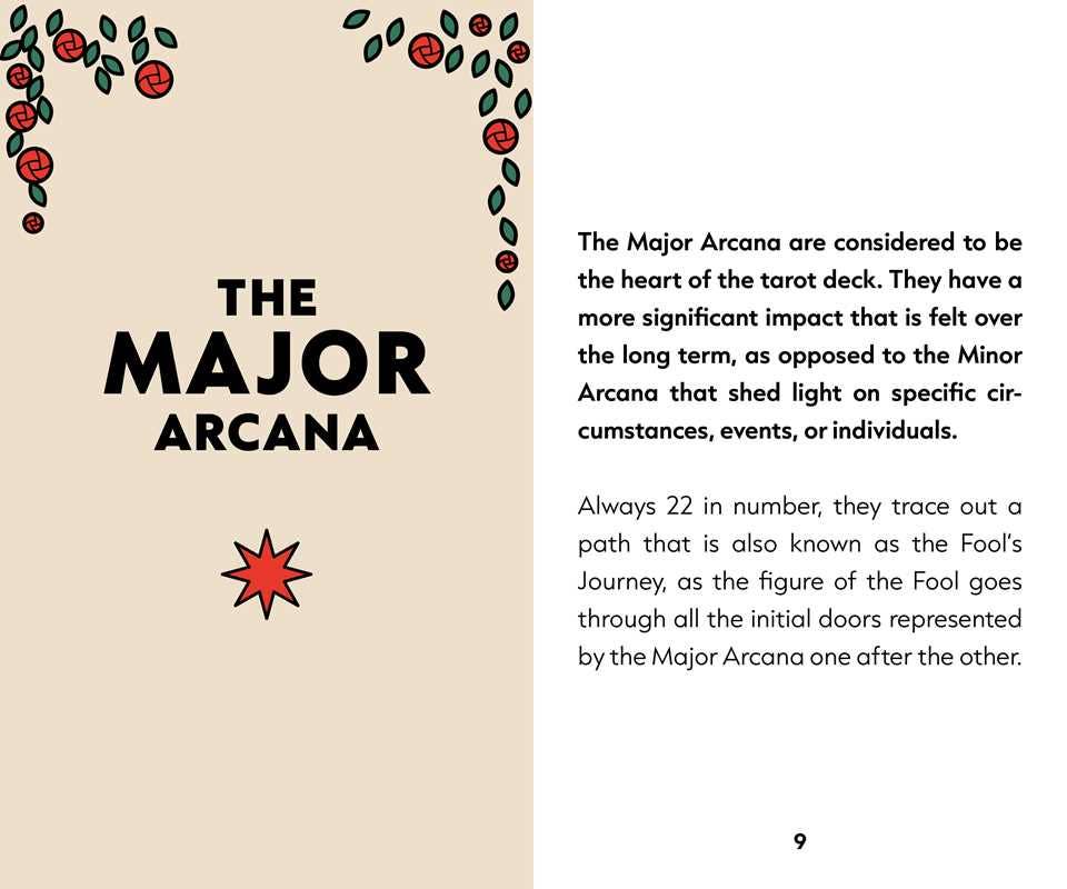 Page from a book or guide about the Major Arcana in tarot, with text and decorative elements.