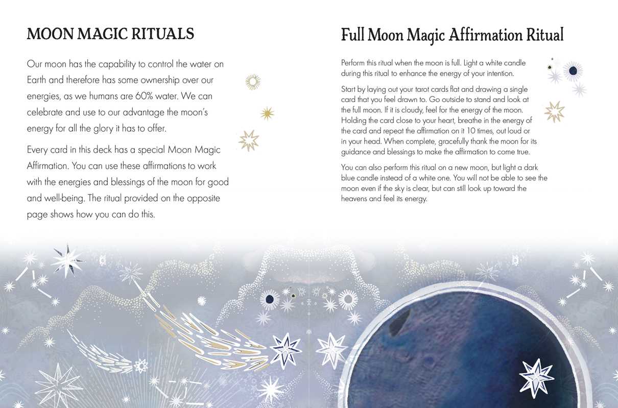Page from a book or guide about moon magic rituals with text and celestial imagery.