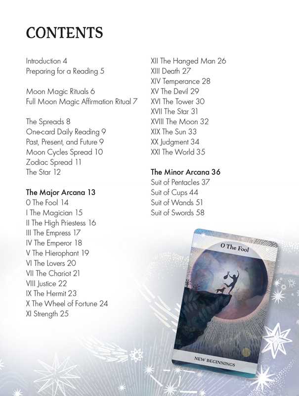 Table of contents for a tarot card set with a card featuring 'The Fool' on a decorative background.