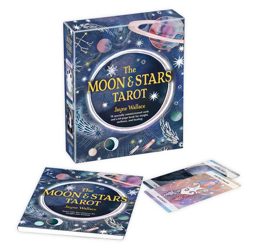 Moon & Stars Tarot set with packaging and cards on a white background