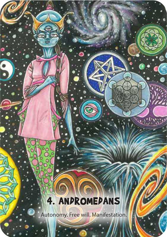 Card featuring an alien figure with cosmic symbols and text '4. Andromedans' on a colorful background.