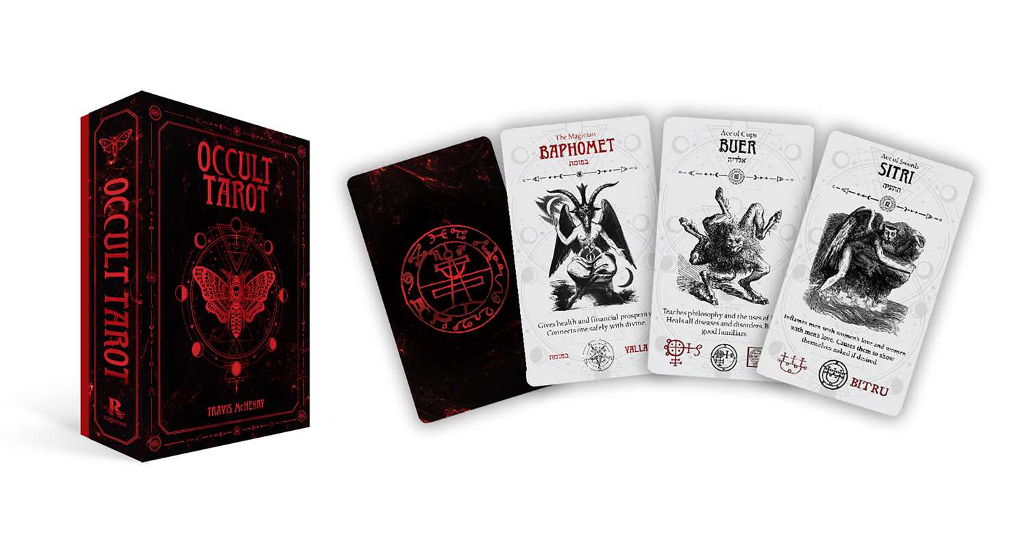 Occult Tarot card set with black and red design on packaging and cards.