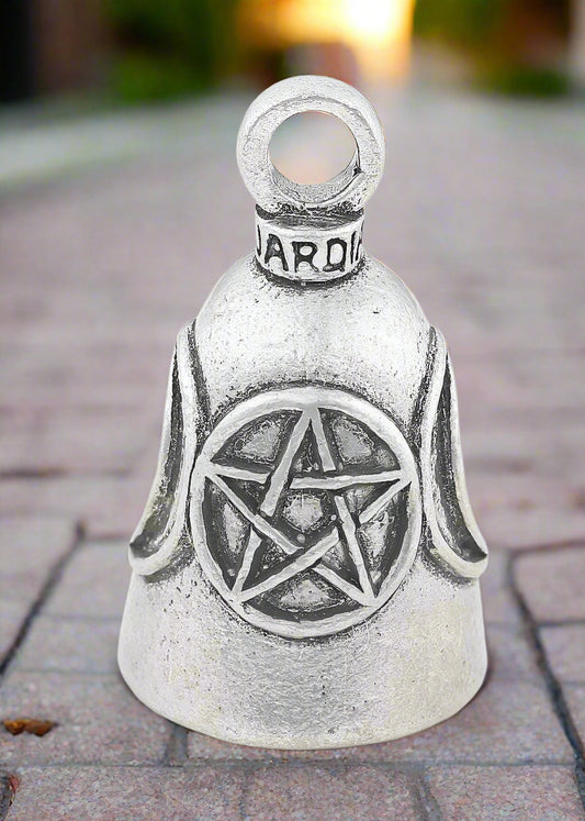 Silver bell with pentagram design on a white background