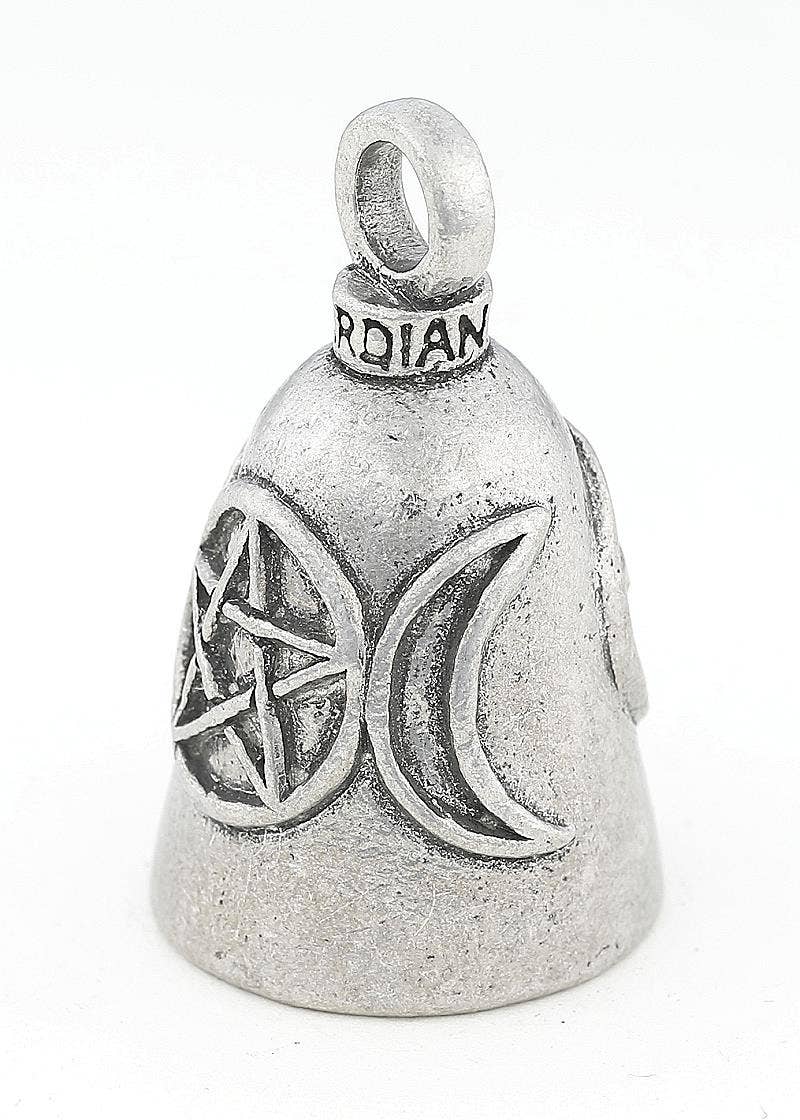 Silver bell charm with pentagram and moon design on a white background