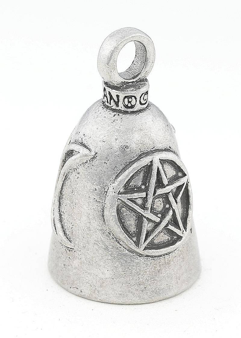 Silver bell charm with pentagram design on a white background