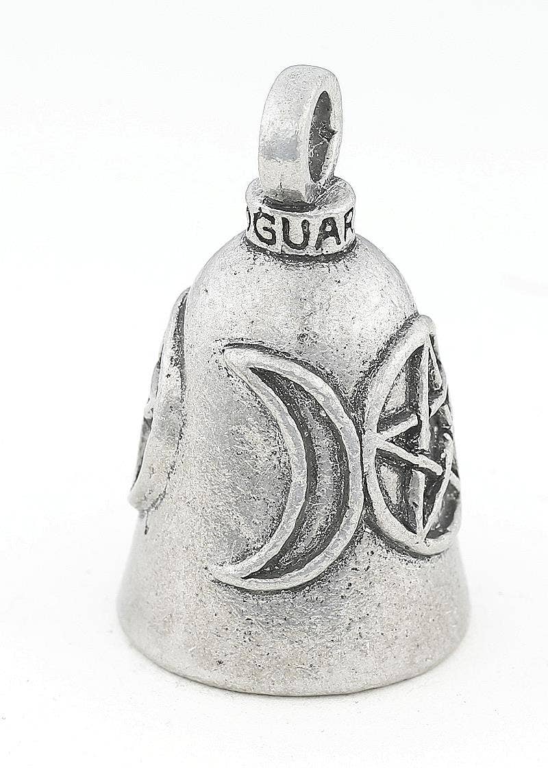 Silver bell charm with moon and pentacle design on a white background