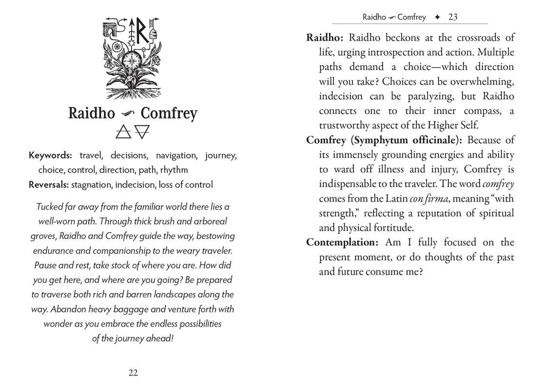 Page from a book or document with text and symbols related to 'Raidho' and 'Comfrey'.