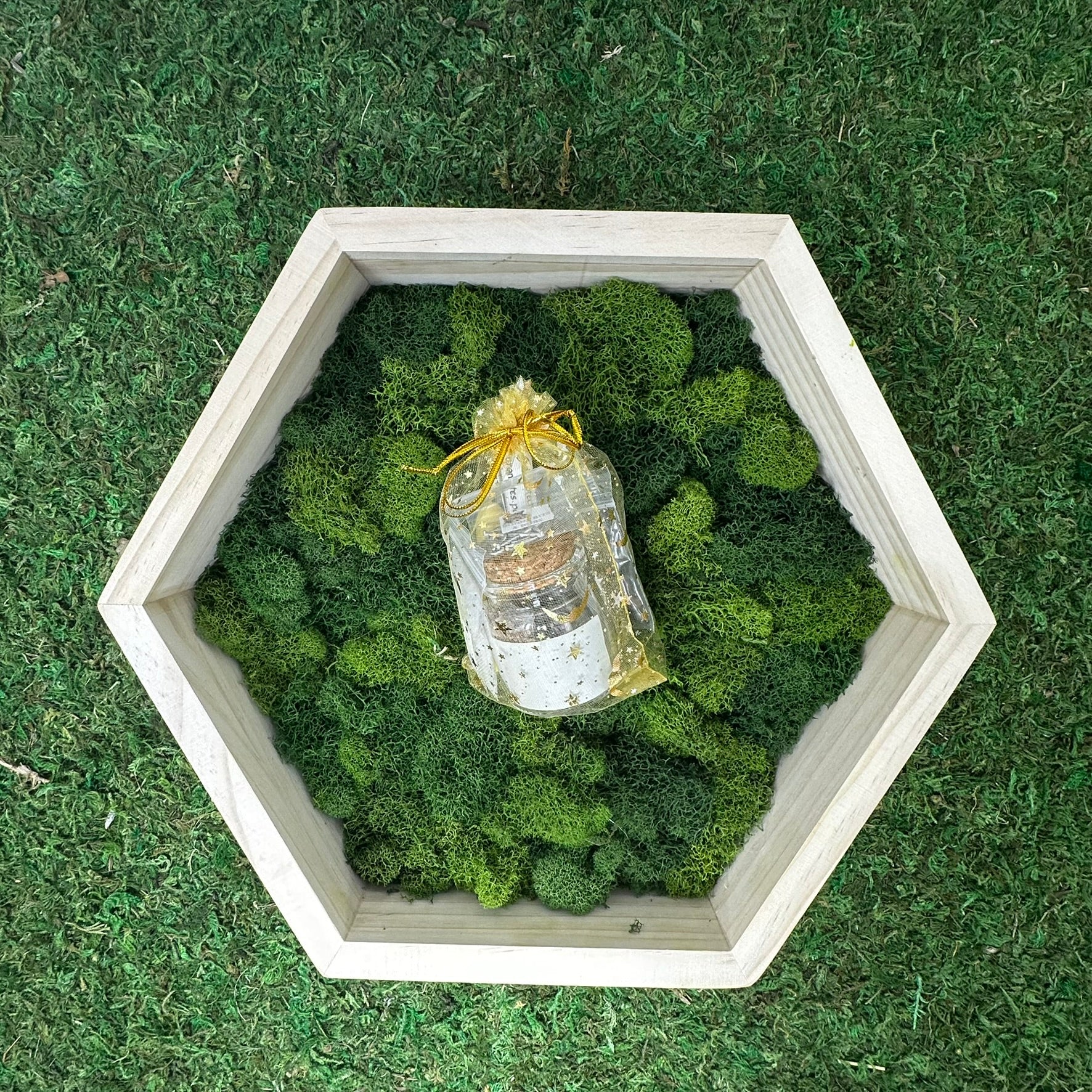 A spell jar kit containing a candle and herbs on a bed of green moss, presented on a grass-like surface.
