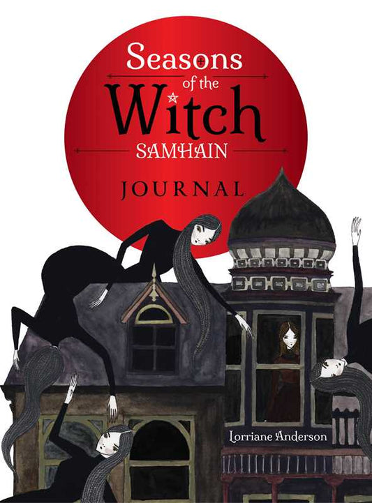 Book cover of 'Seasons of the Witch Samhain Journal' with a witch and haunted house illustration.