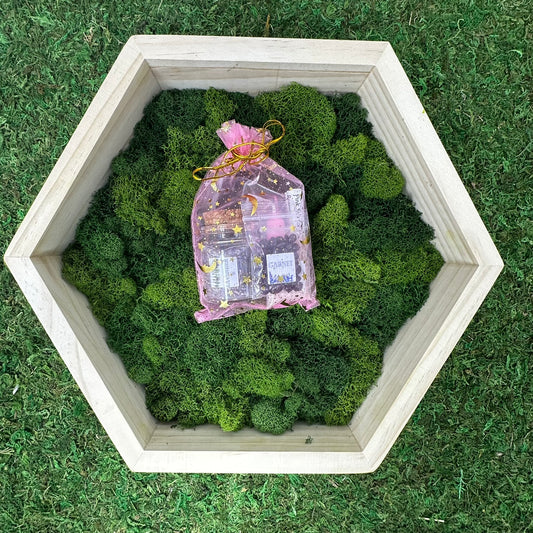 A spell jar kit containing pink candle and herbs on a bed of green moss, presented on a grass-like surface.