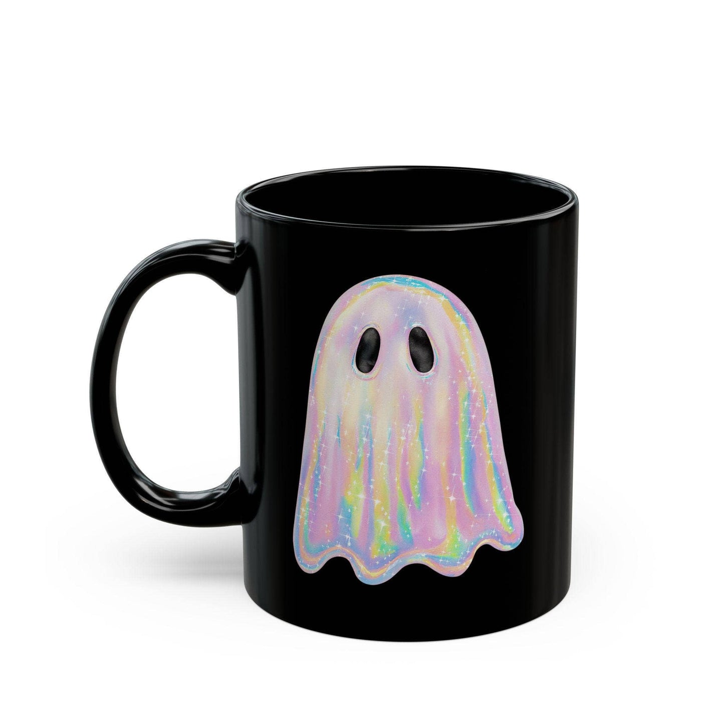 Black mug with a colorful ghost design on a white background