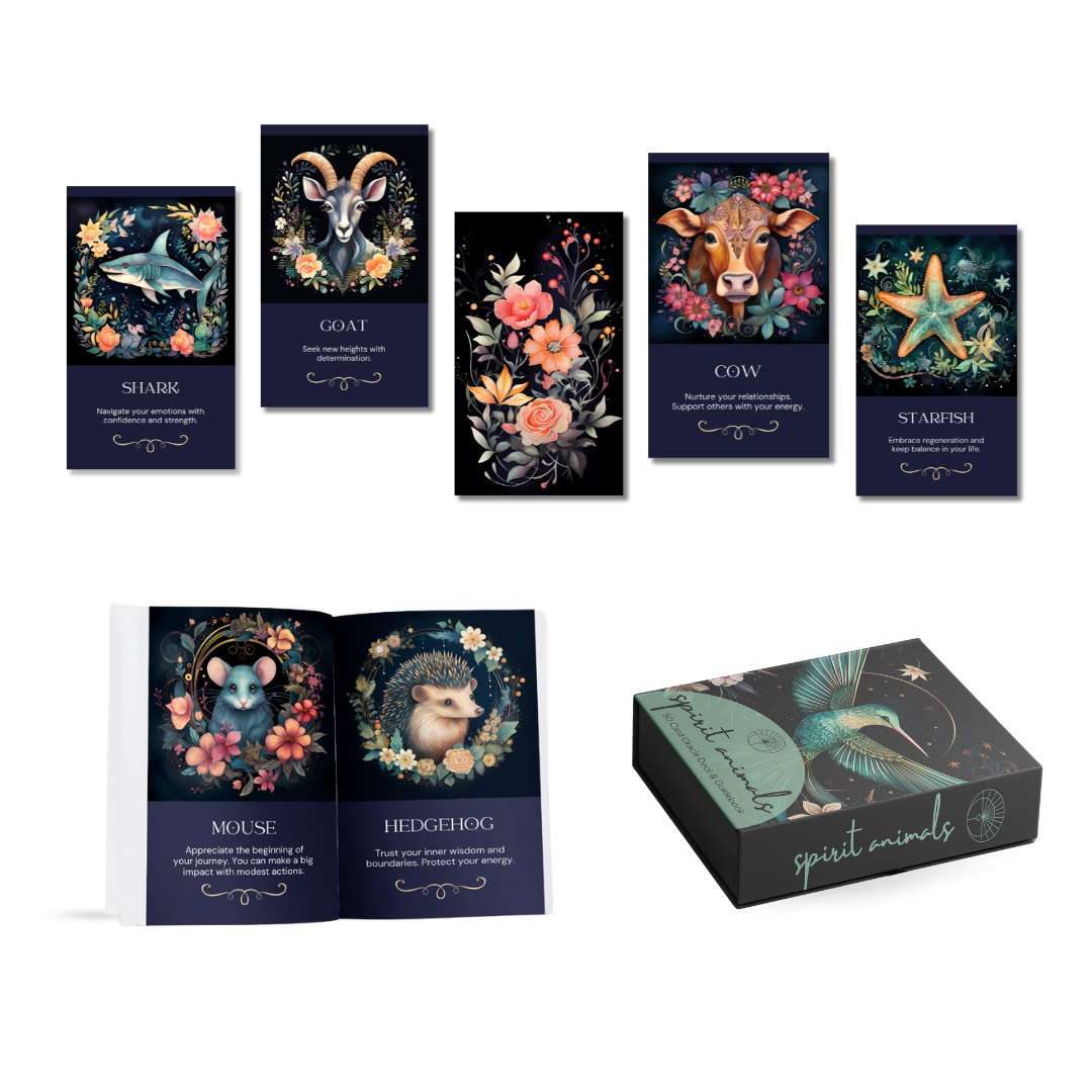 Collection of Spirit Animals cards with illustrations and text on a white background