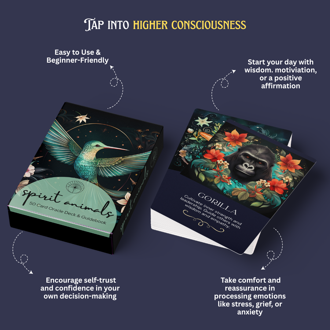 Two card decks with animal illustrations on a dark blue background, promoting 'spirit animals' cards.
