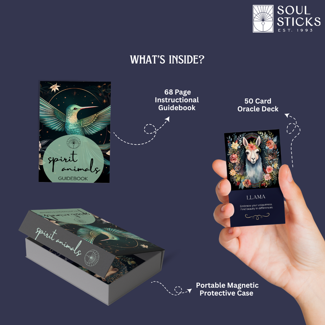 Soul Sticks spirit animals product set with guidebook, oracle deck, and protective case on a dark blue background.