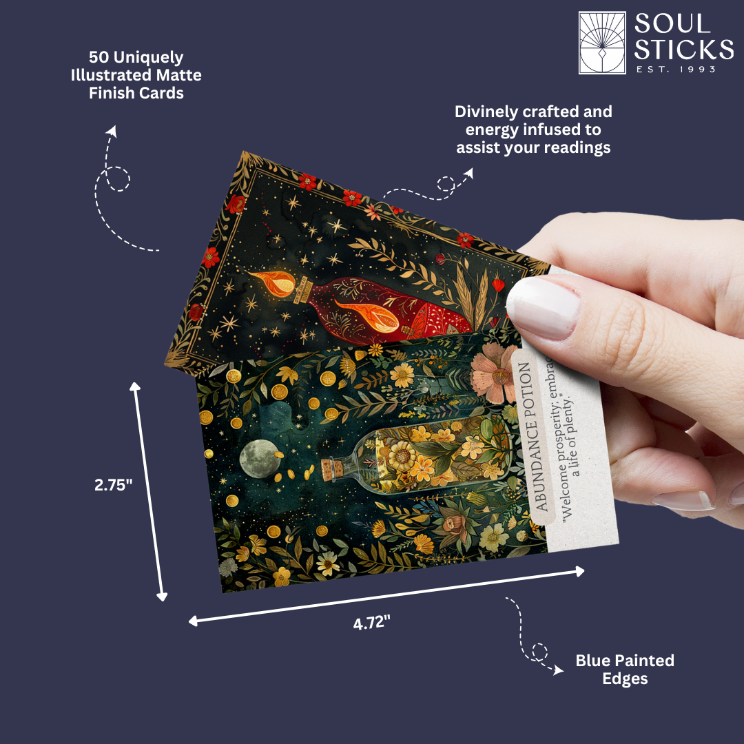 Soul Sticks illustrated card with measurements and a hand holding it against a dark background