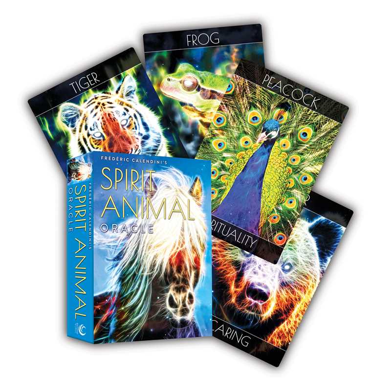 Set of Spirit Animal Oracle cards with images of a tiger, frog, peacock, and other animals on colorful backgrounds.