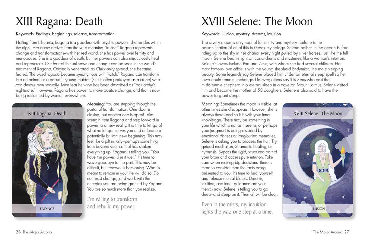 Two tarot cards from 'The Major Arcana' with descriptions and illustrations of 'Ragana: Death' and 'Selene: The Moon'.