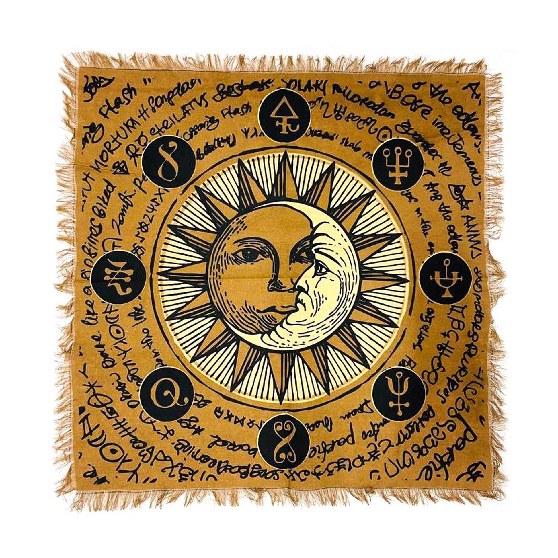 Altar Cloth with sun and moon design and symbols on a beige background