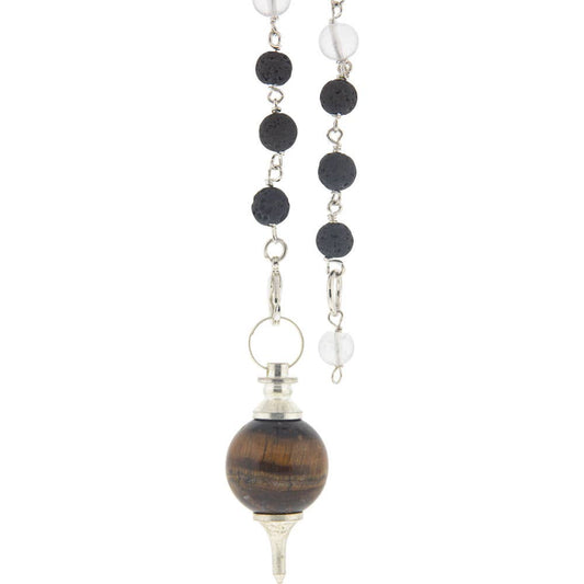 Necklace with black and silver beads and a large wooden bead pendant on a white background