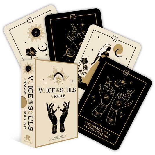 Tarot cards and box set with 'Voice of the Souls' branding on a white background