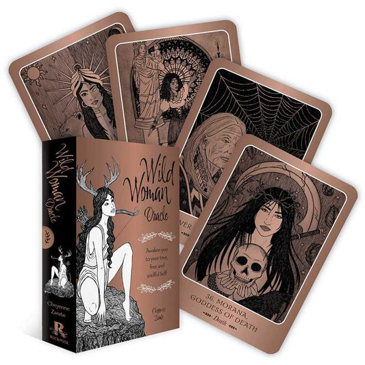 A set of oracle cards with illustrations of women in various poses and expressions, predominantly in black and brown tones, with the title 'Wild Woman Oracle' visible on the packaging.