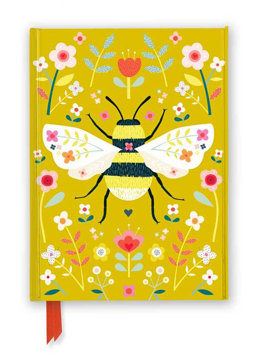 Notebook cover with a bee and floral design on a yellow background