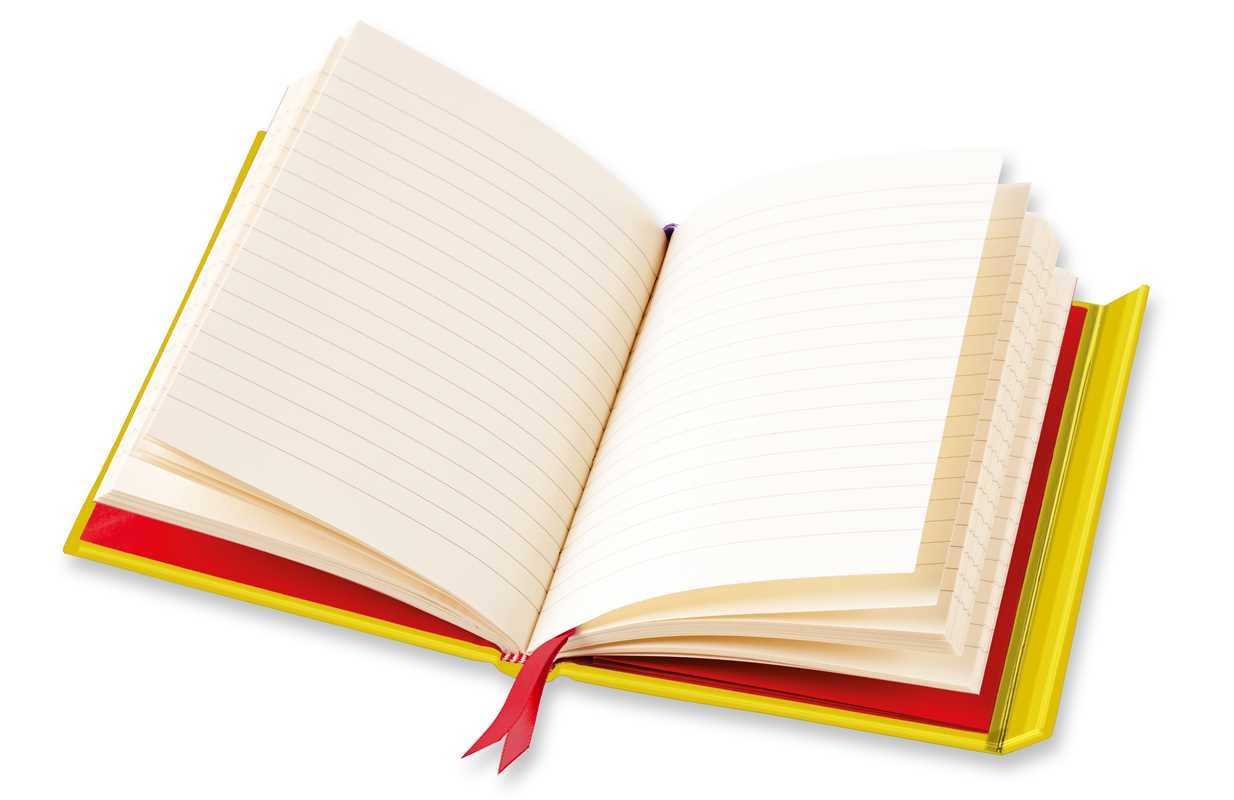 Open book with yellow edges and a red ribbon on a white background